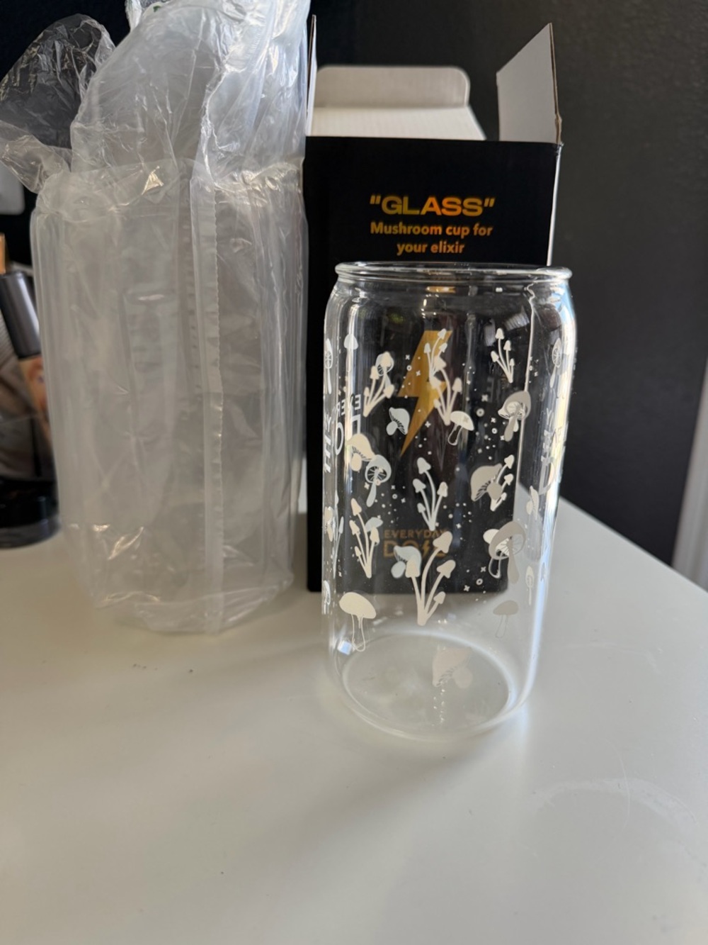 Clear Glass Mushroom Tumbler with White Botanical Print - Unbranded